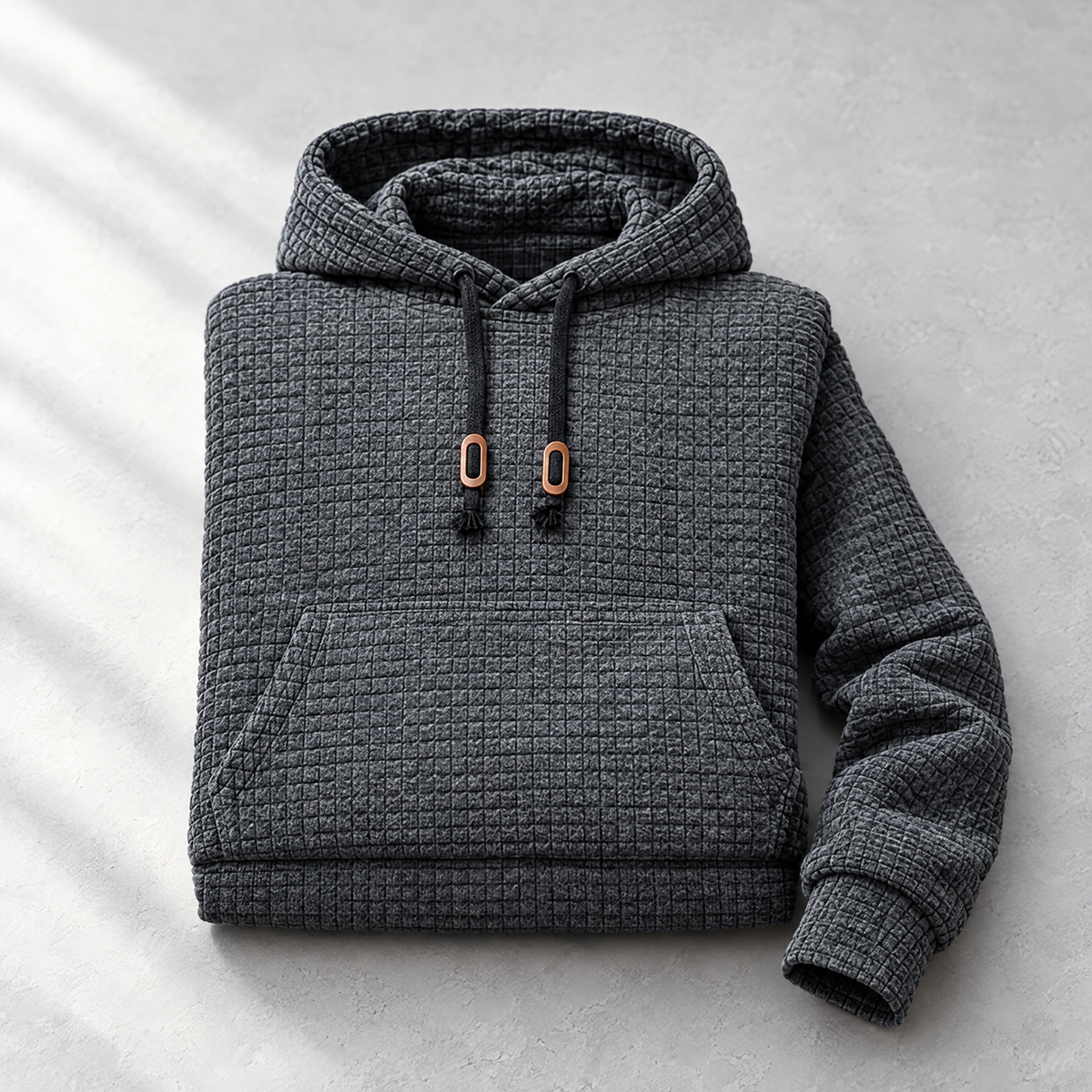 Dorian Men's Waffle Knit Pullover Hoodie with Kangaroo Pocket - A kangaroo front.