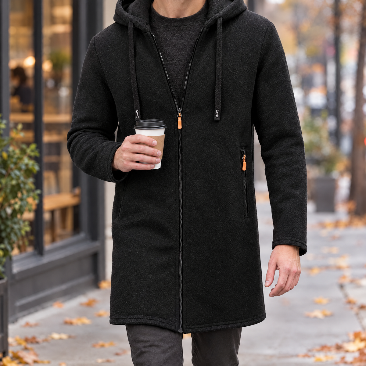 Paolo men's thick fleece full zip hooded jacket in black, front view
