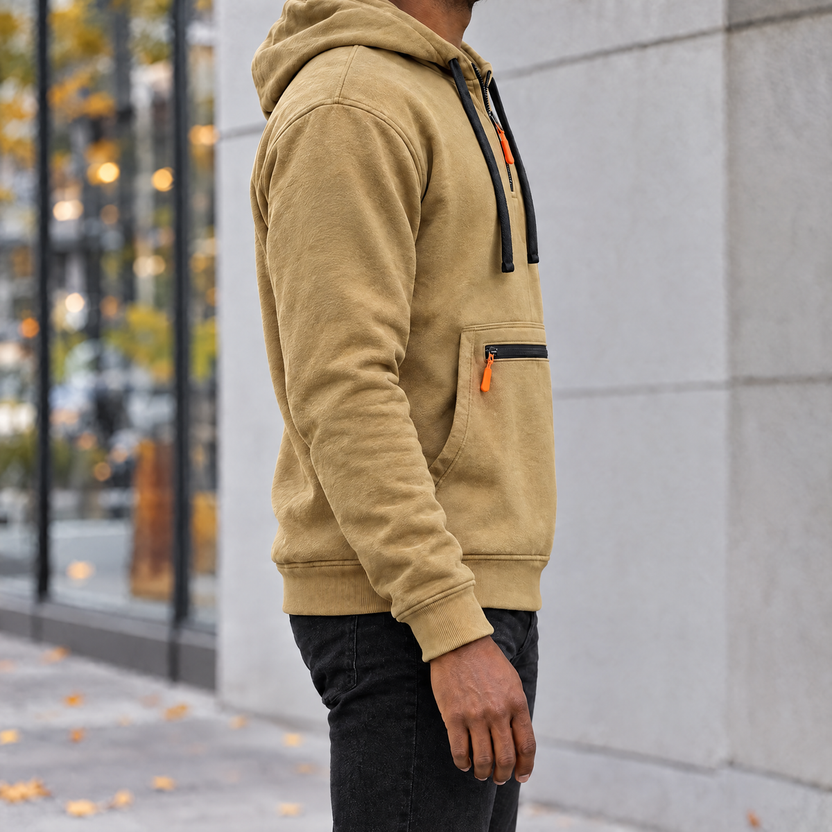 Leandro men's quarter zip fleece hoodie in khaki, side view