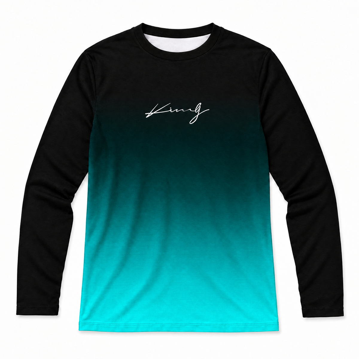 Enzo black to teal gradient long sleeve tee laid flat on white