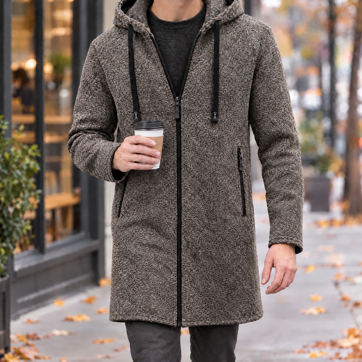 Paolo thick fleece full zip hooded jacket in coffee
