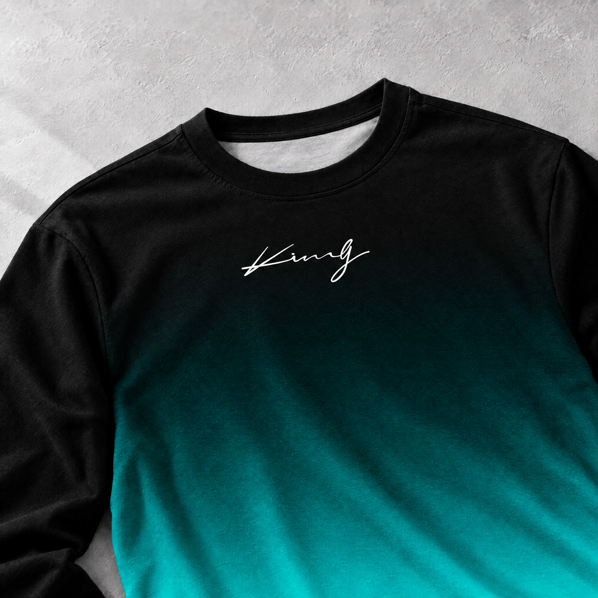 Enzo Men's Long Sleeve Gradient Tee with Script Print - A script at the chest.