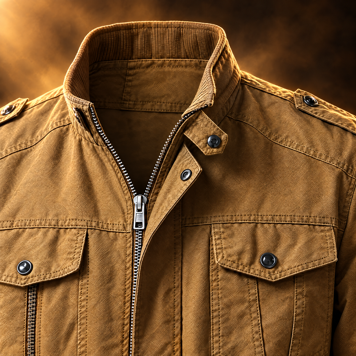Corrado Stand Collar Utility Field Jacket for Men - A snap tab at the neck.
