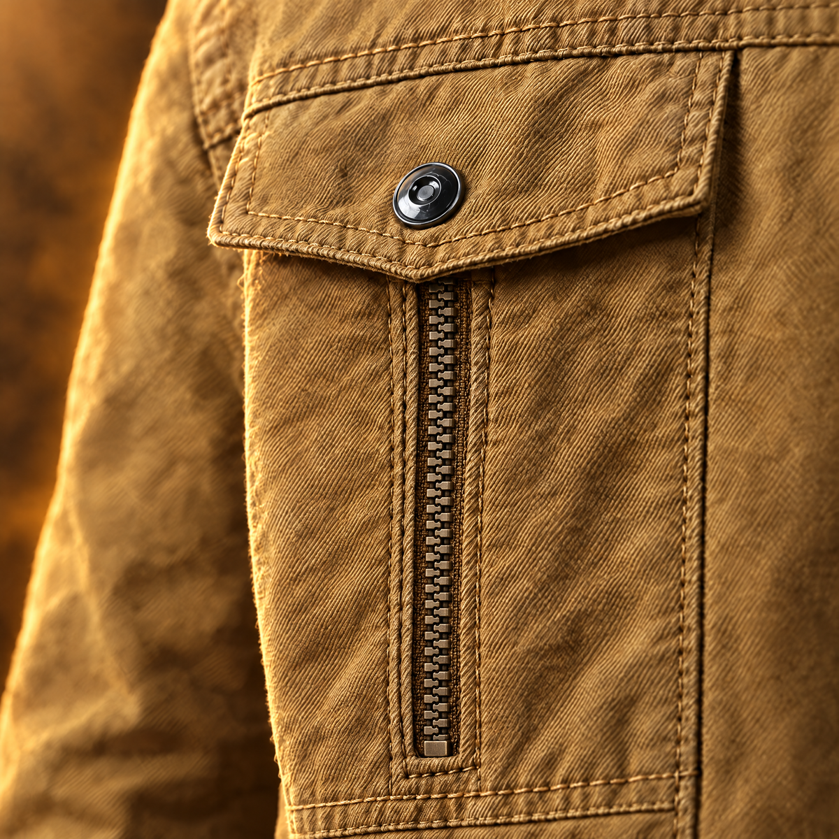 Corrado Stand Collar Utility Field Jacket for Men in khaki, chest flap pocket and zip pocket close-up