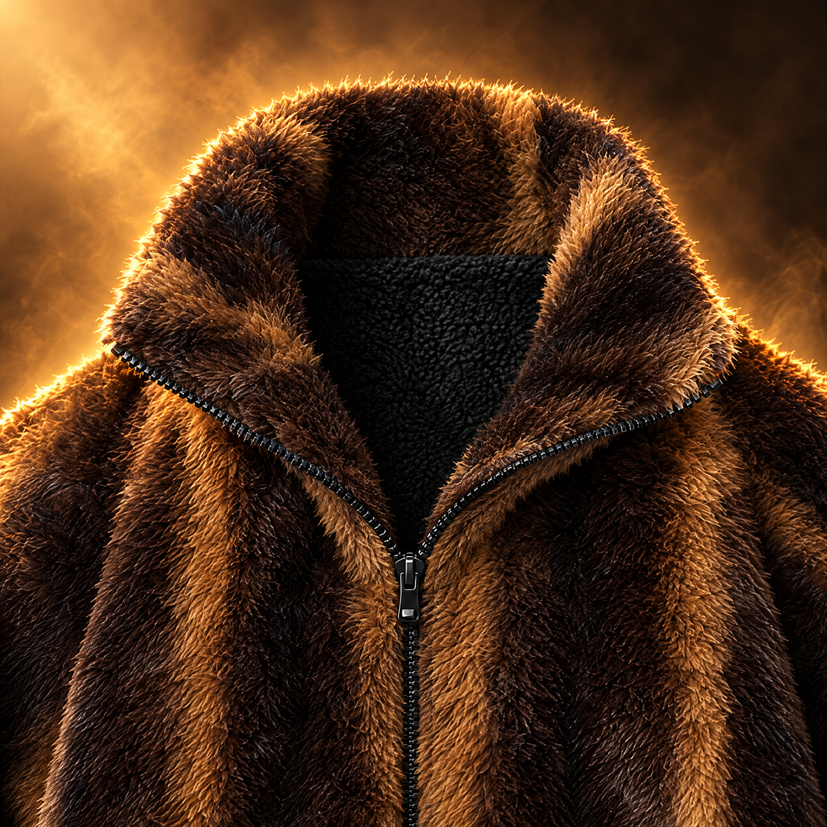 Orsino Plush Faux Fur Stand Collar Bomber Jacket for Men in brown, stand collar and zip front close-up