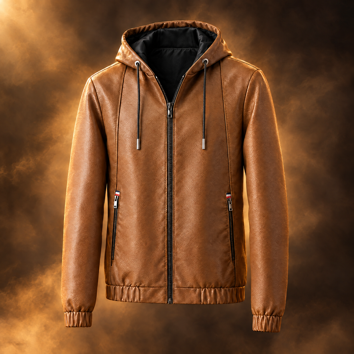 Saverio Hooded Faux Leather Bomber Jacket for Men in yellowish brown, front view