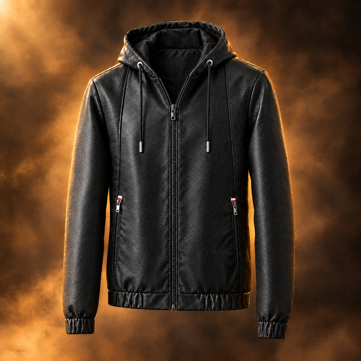 Saverio Hooded Faux Leather Bomber Jacket for Men in black, front view