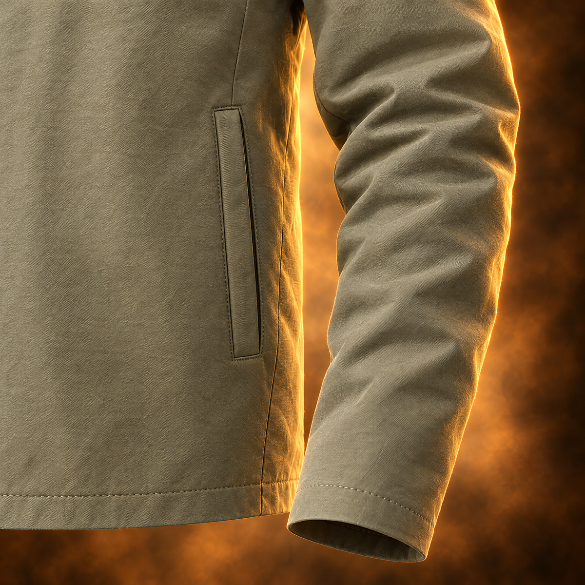 Lucien Wrinkle Resistant Lightweight Zip Jacket for Men in khaki, welt pocket close-up