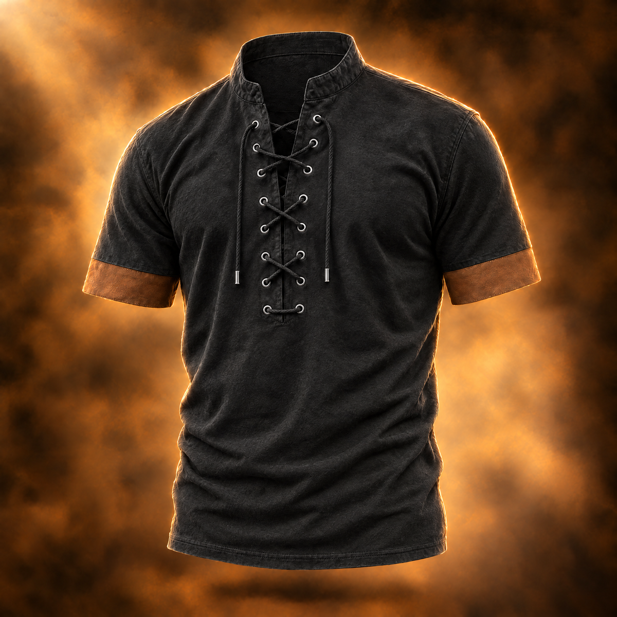 Orlando Retro Lace Up Collared T-Shirt for Men in black, front view