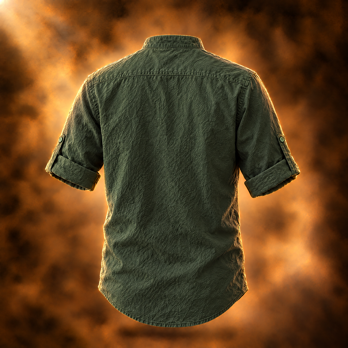 Leopold Stand Collar Half Sleeve Cotton Shirt for Men in army green, back view