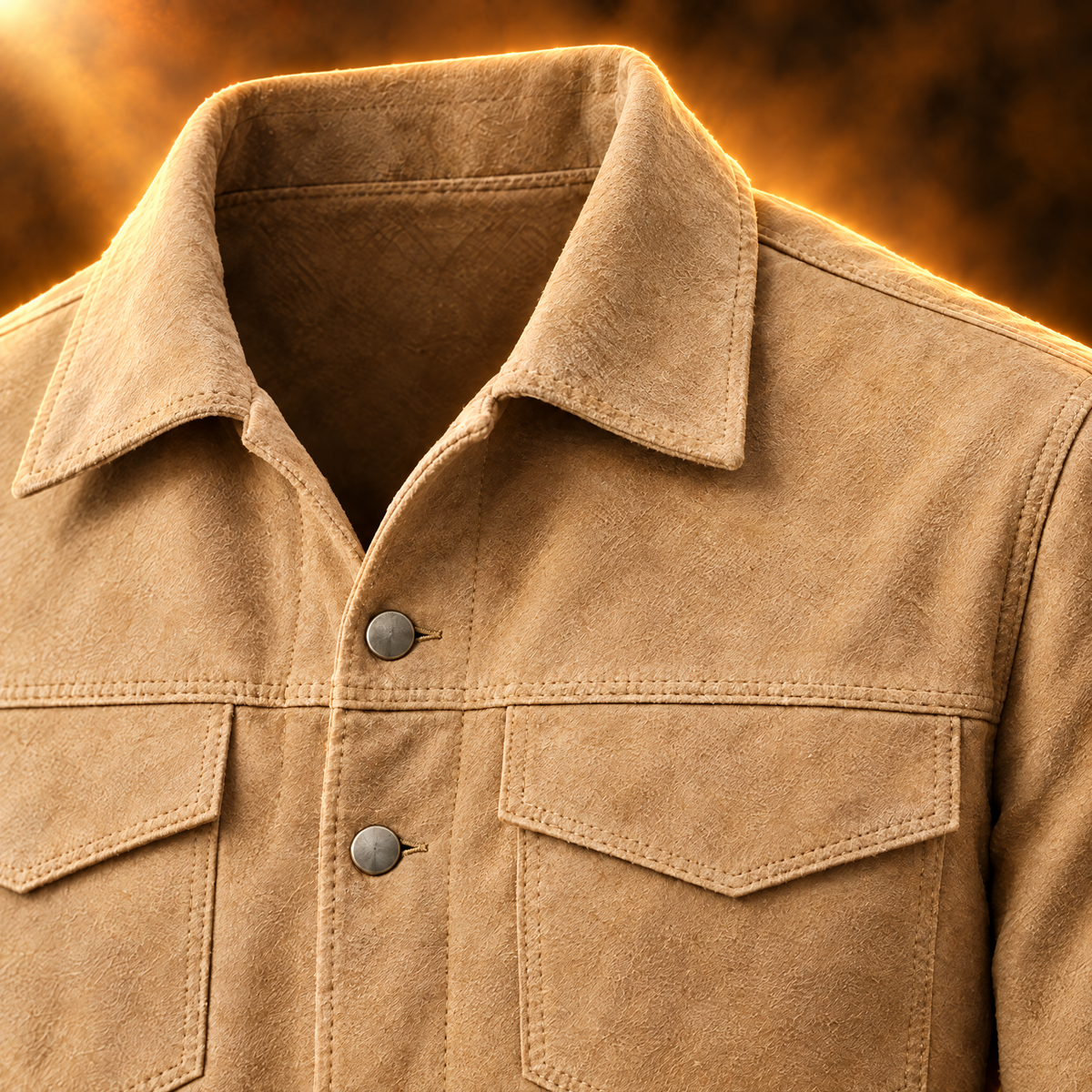 Bastien Faux Suede Button Up Trucker Jacket for Men in apricot, point collar and yoke close-up