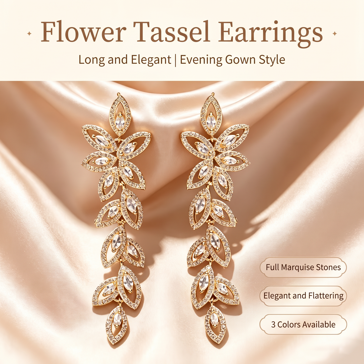 Flower tassel marquise drop earrings in gold tone on satin