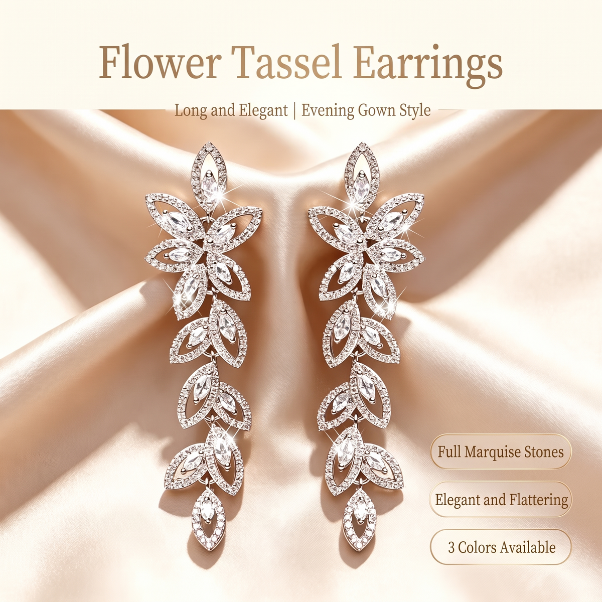 Flower tassel marquise drop earrings in silver tone on satin