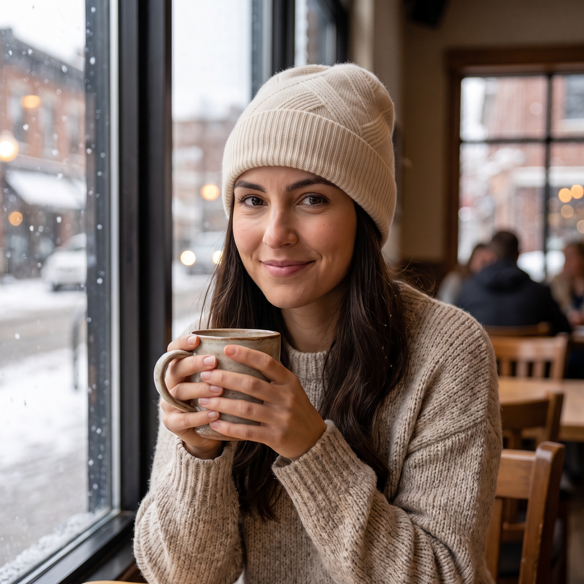 Woman in a cream cashmere cuffed beanie holding a mug by a cafe window