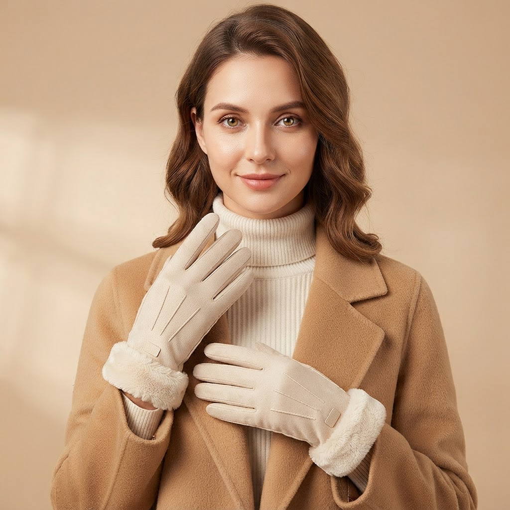 Woman wearing Graziana beige plush lined touchscreen gloves with fluffy fur cuffs