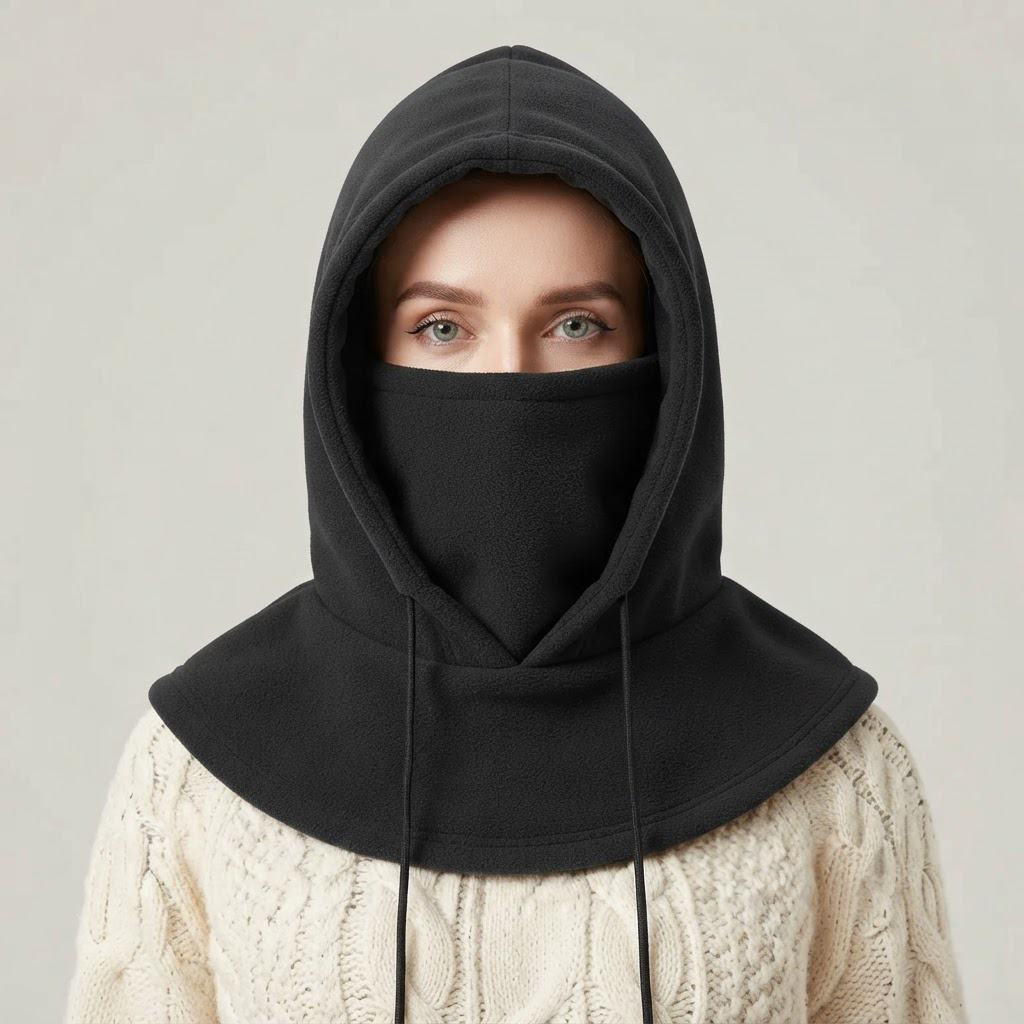 Woman wearing the Ilario black windproof fleece balaclava hood with face panel up