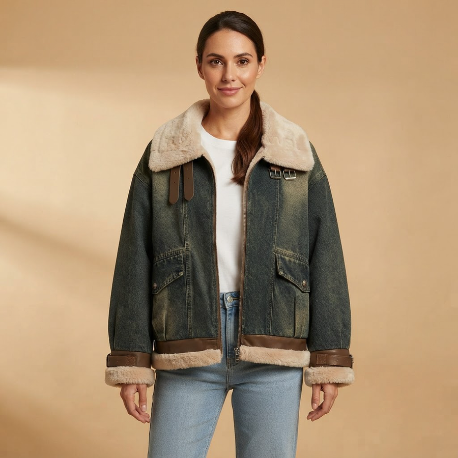 Lucrezia Wool Sherpa Lined Vintage Denim Jacket for Women