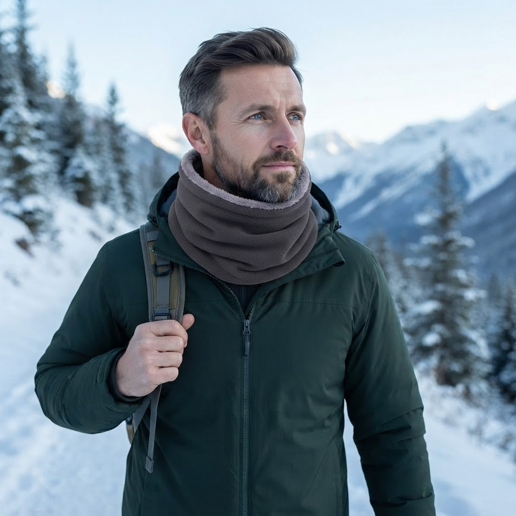 Man wearing the Guido dark gray fleece neck gaiter on a snowy mountain trail