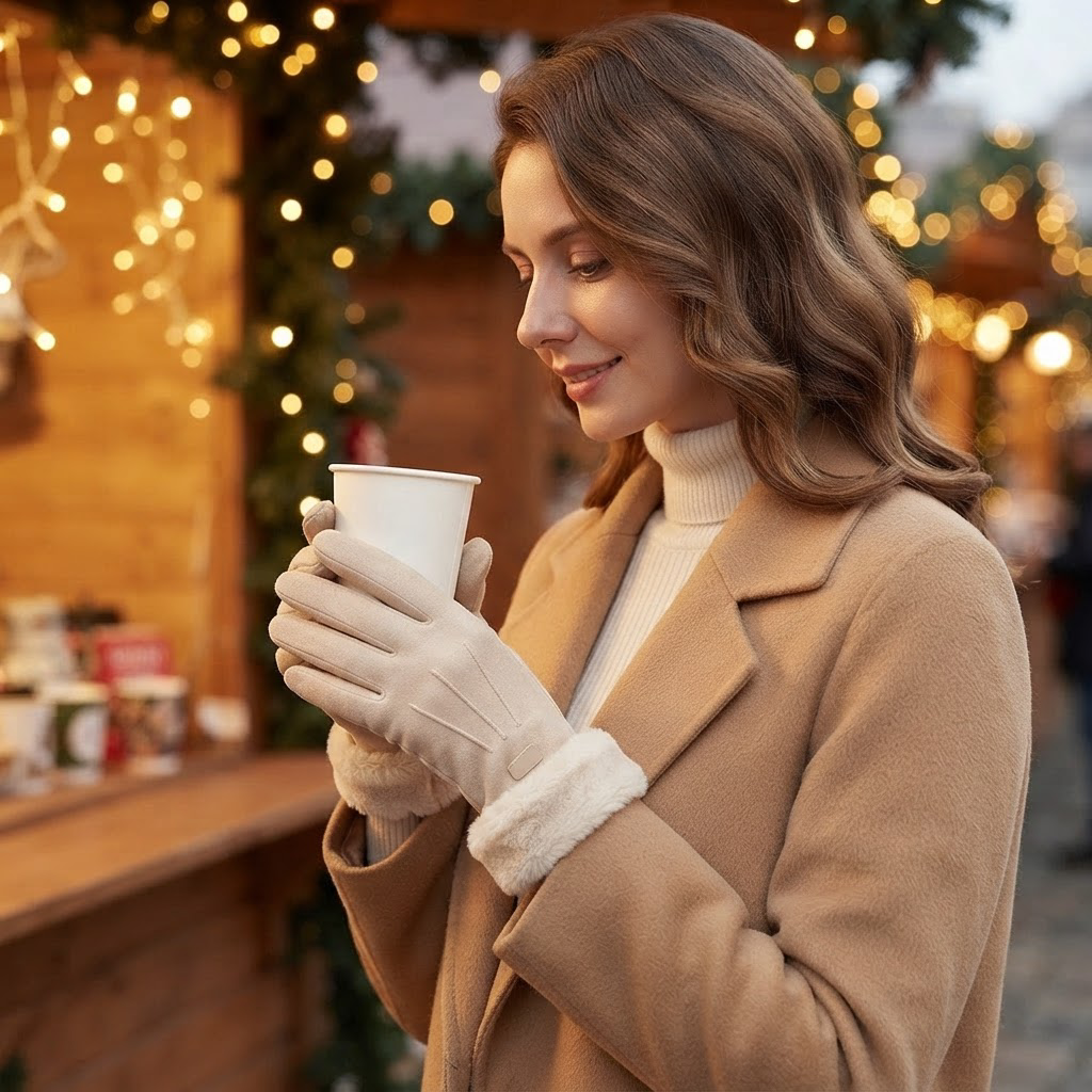 Graziana beige gloves holding a hot drink at a holiday market