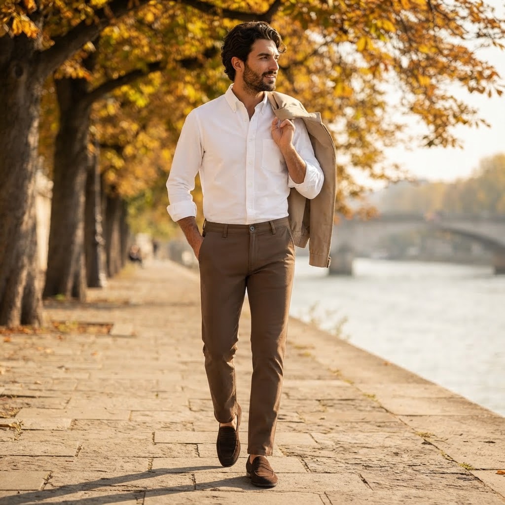 Man in Luciano coffee brown chinos on a riverside walkway in autumn