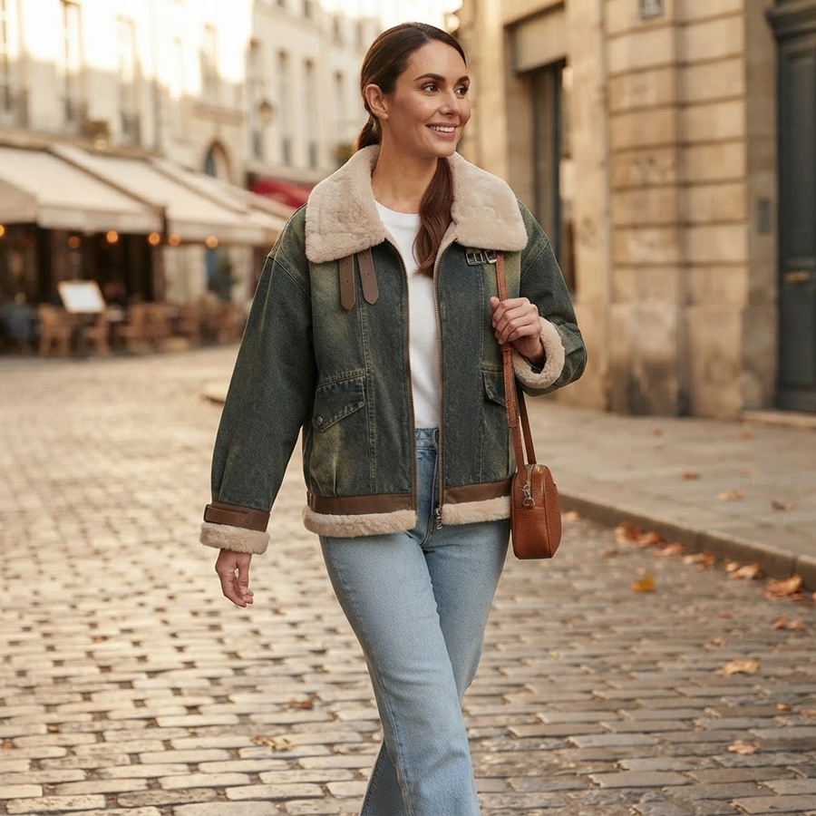 Lucrezia Wool Sherpa Lined Vintage Denim Jacket for Women