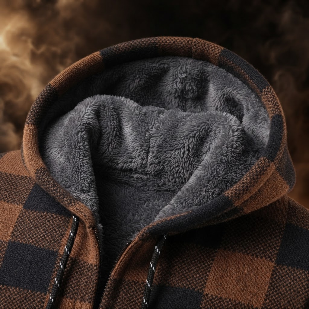 Gray fleece lined hood of the Ignazio sweater jacket, close-up