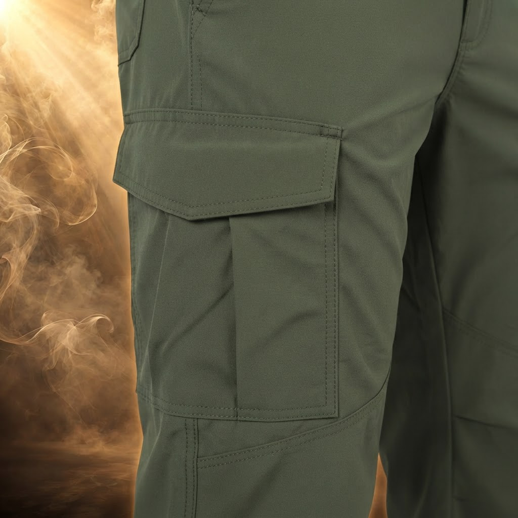 Bellows cargo pocket with flap on the thigh, close-up