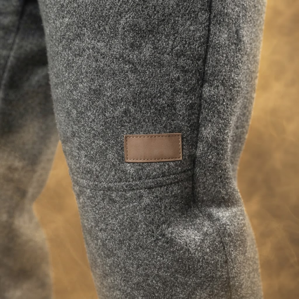 Faux-leather patch below the knee, close-up