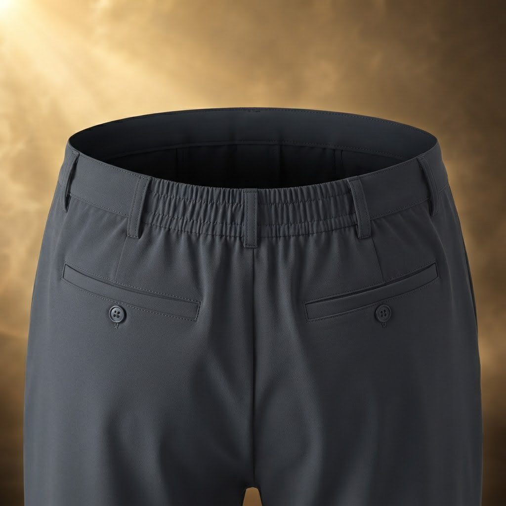 Elastic back waistband with button back pockets, close-up