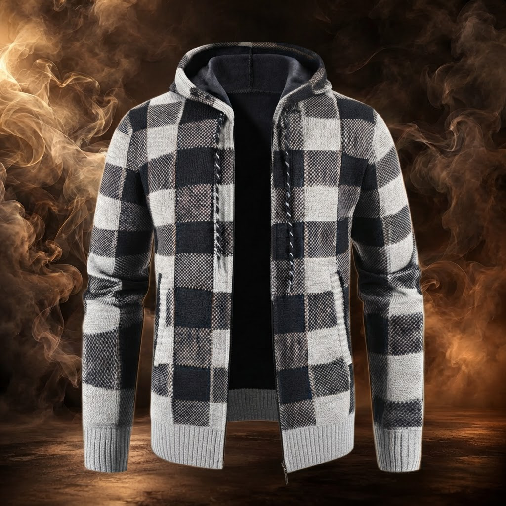 Ignazio hooded sweater jacket in light gray and black plaid