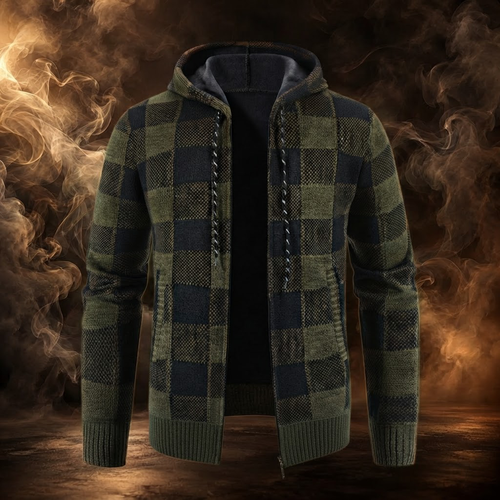 Ignazio hooded sweater jacket in dark olive and black plaid