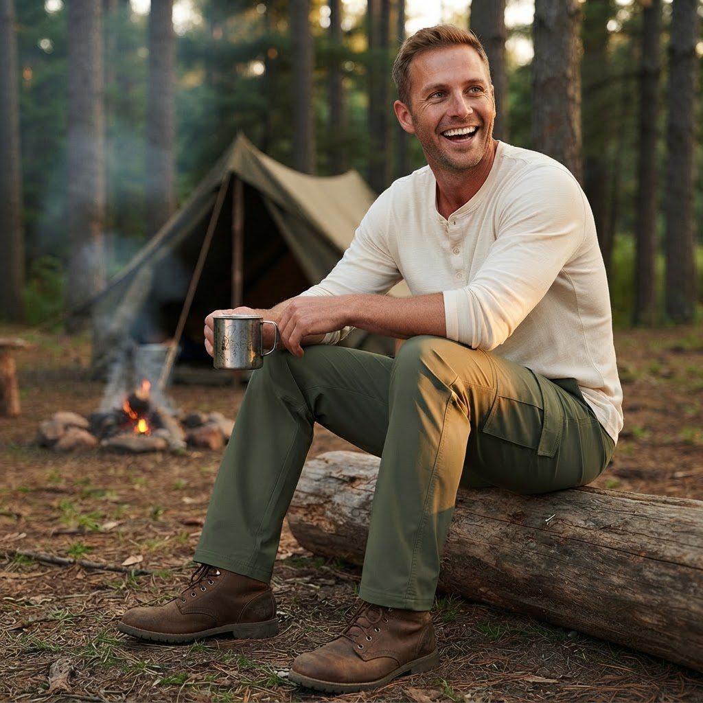 Man relaxing at a forest campsite in Ivo army green cargo pants
