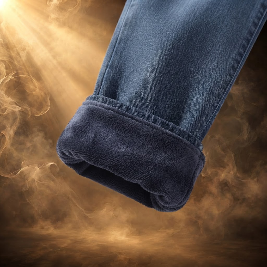 Soft velvety fleece lining at the turned-up hem, close-up