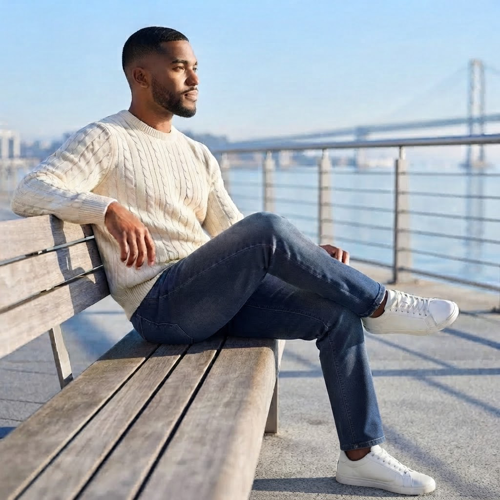 Man in Leone fleece lined jeans seated on a waterfront bench