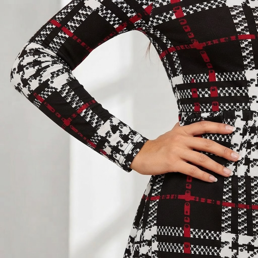 Sofia Houndstooth Plaid Mock Neck A-Line Dress for Women