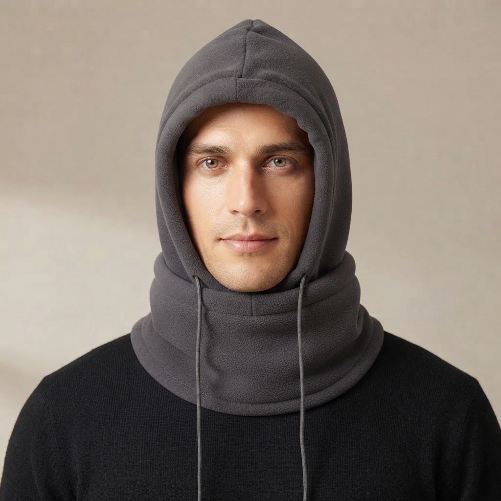 Olindo Fleece Balaclava Hood with Drawstring for Women and Men - close-up, panel down