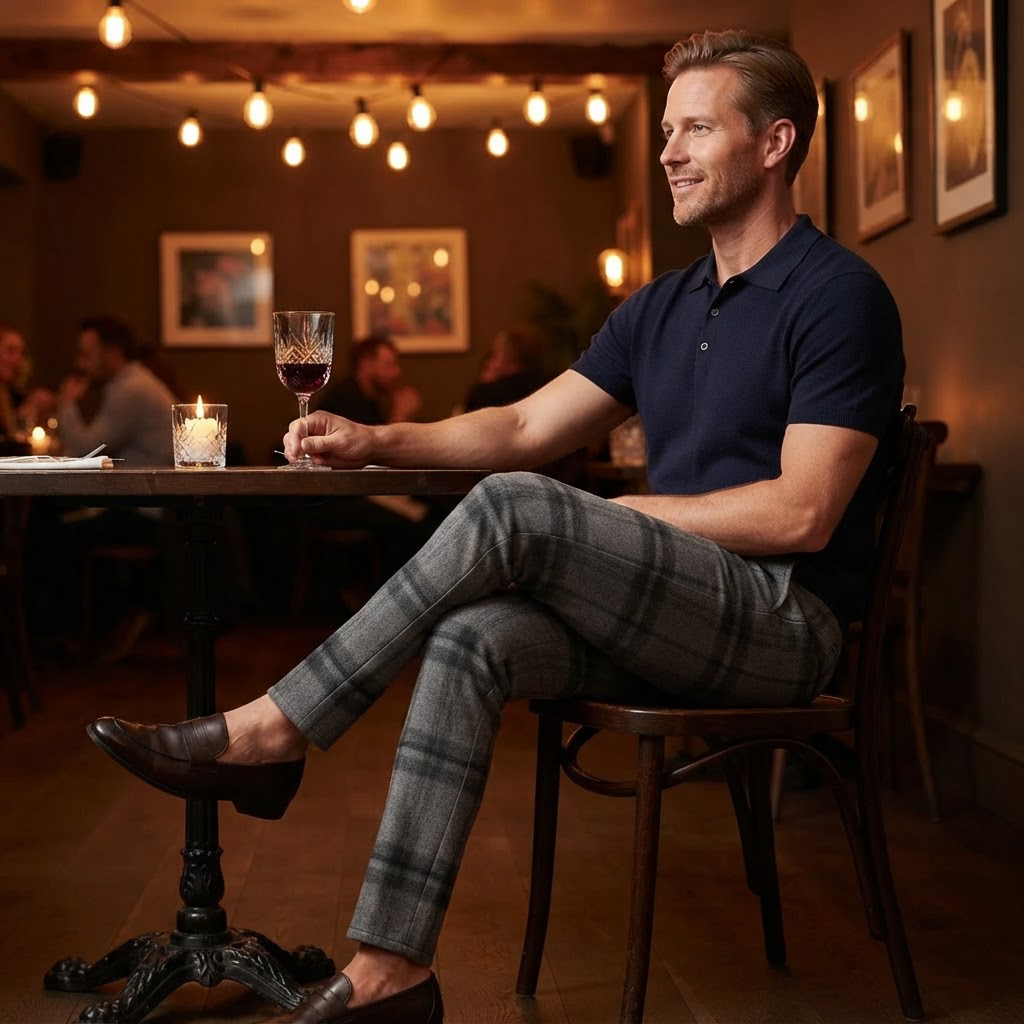 Orfeo Brushed Plaid Slim Straight Pants for Men - worn on model, lifestyle