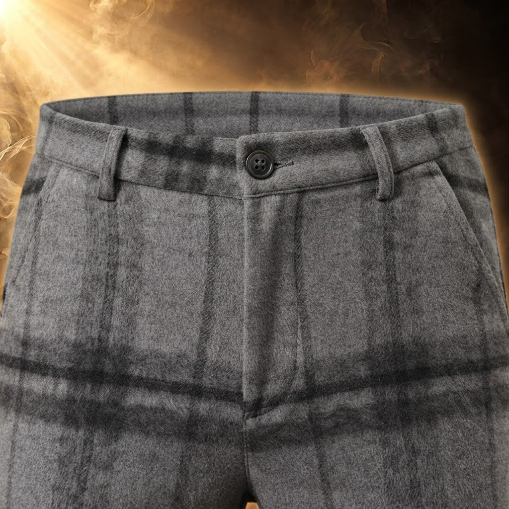 Orfeo Brushed Plaid Slim Straight Pants for Men - close-up, waist