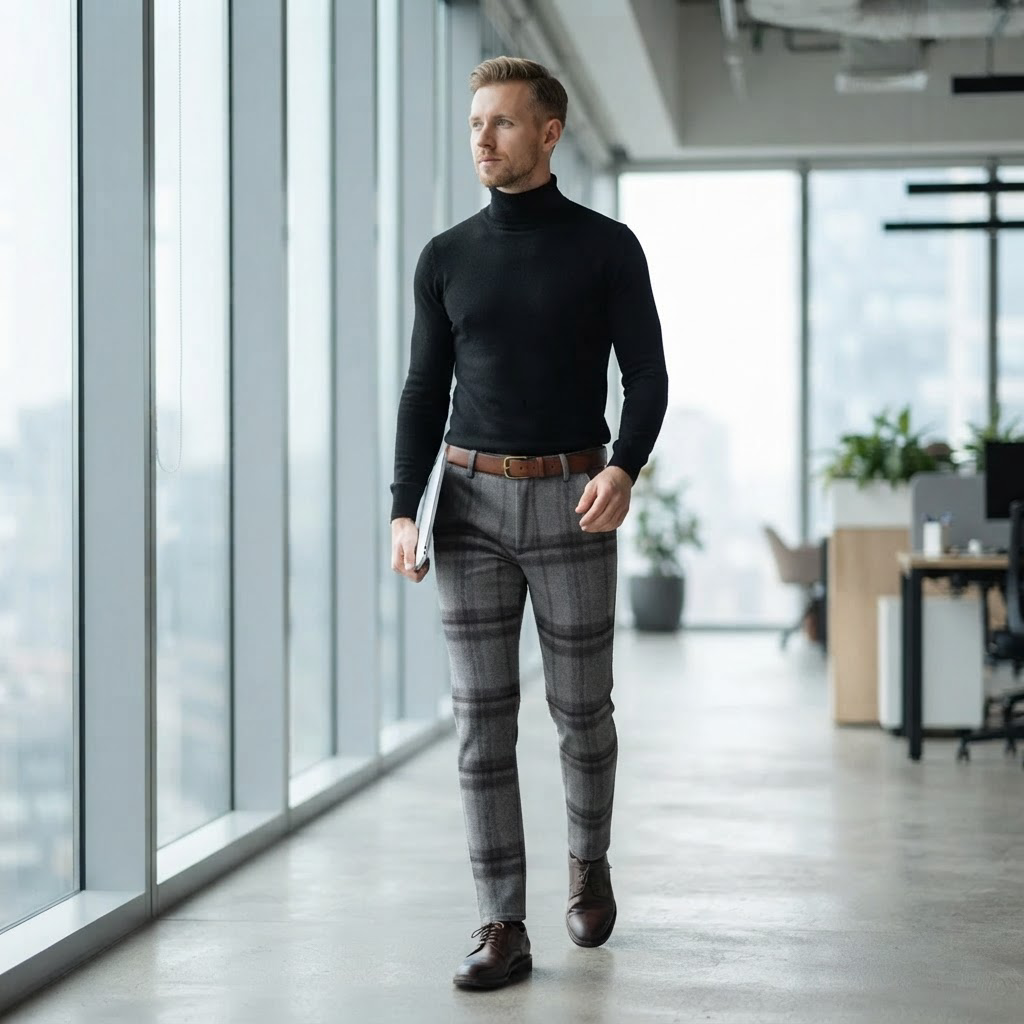 Orfeo Brushed Plaid Slim Straight Pants for Men - worn on model
