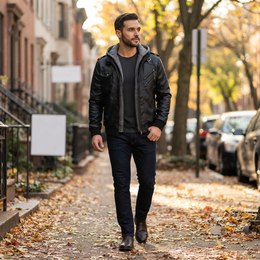 Federico Hooded Leather Moto Jacket for Men