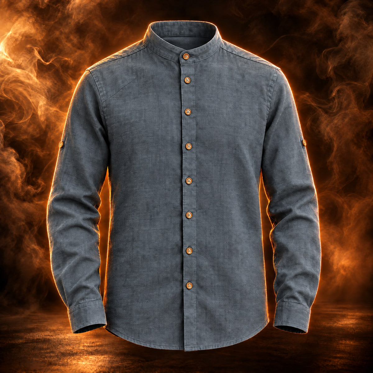 Julien band collar long sleeve linen shirt for men in dark gray, front view