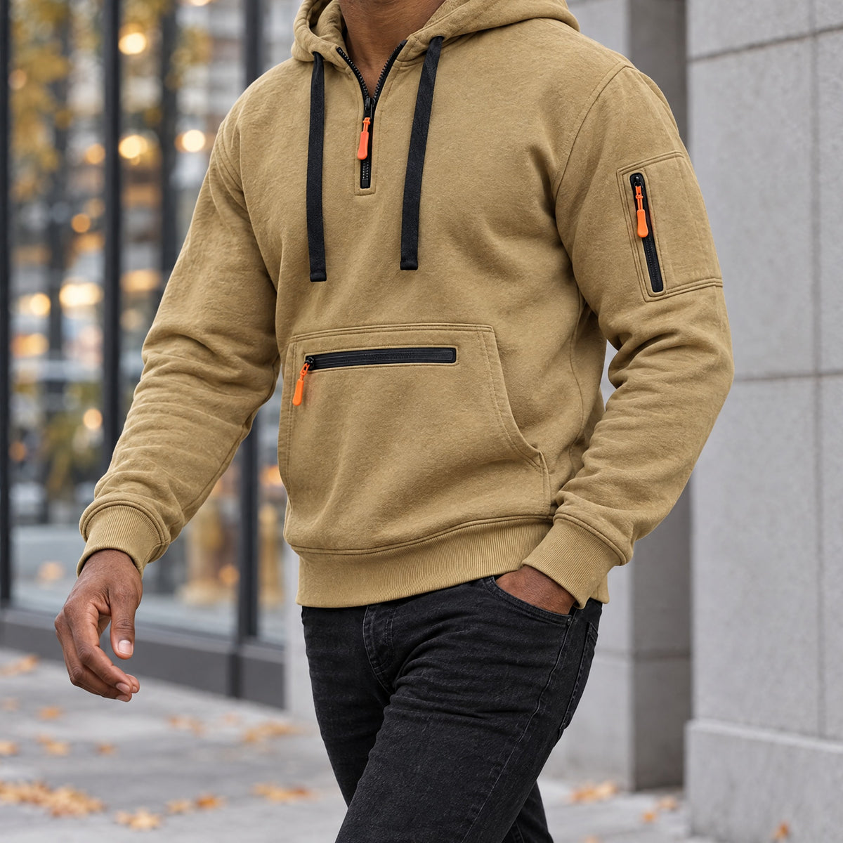 Leandro men's quarter zip fleece hoodie in khaki, three-quarter view