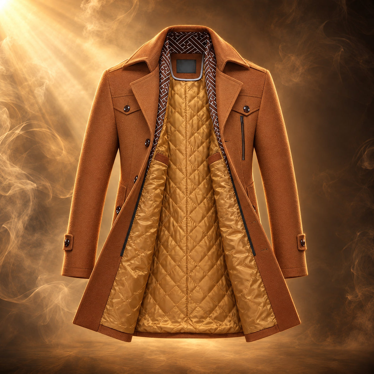 Leonardo Scarf Collar Wool Overcoat for Men, quilted lining shown in camel