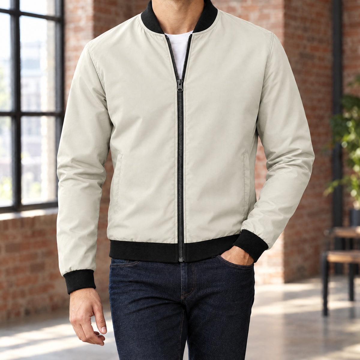 Massimo lightweight bomber jacket in beige with black rib trim
