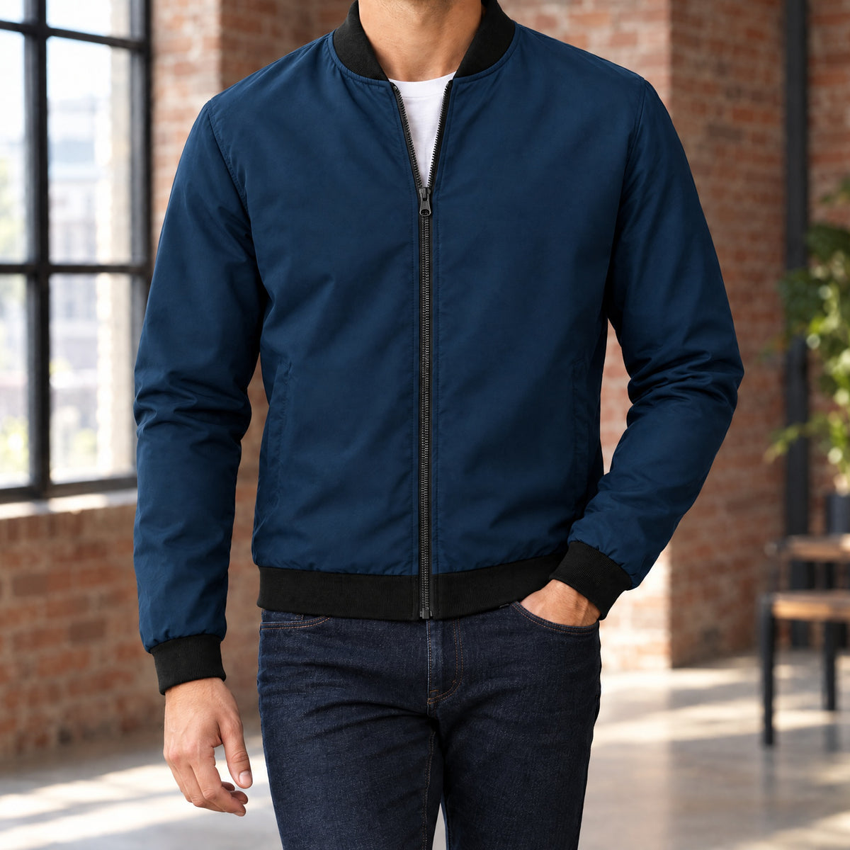 Massimo lightweight bomber jacket in blue with black rib trim
