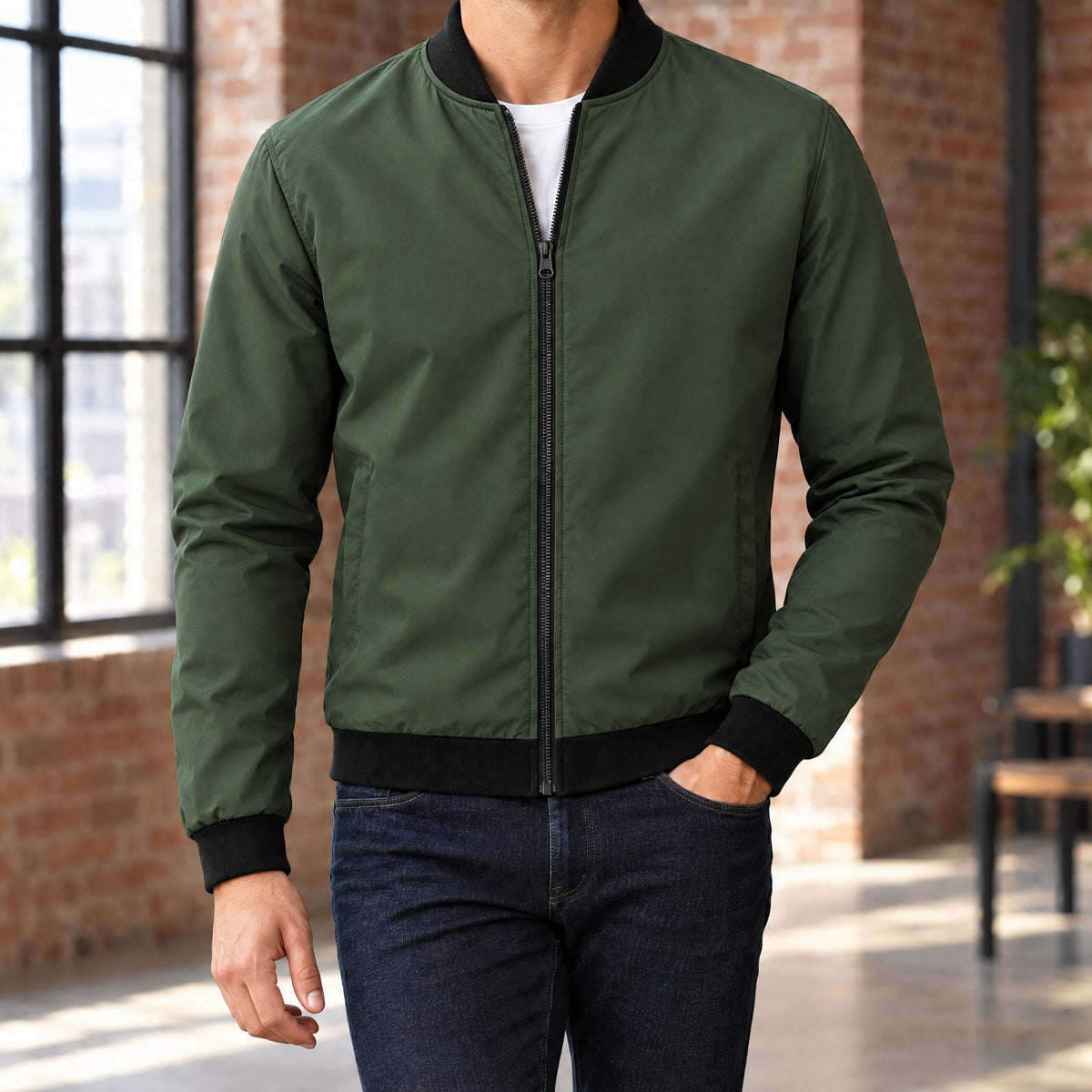 Massimo lightweight bomber jacket in army green with black rib trim