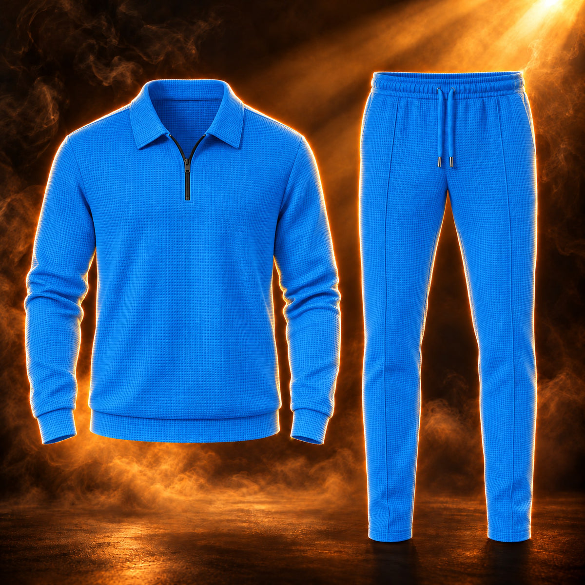 Marcello waffle knit half zip polo and trousers set for men in blue, front view
