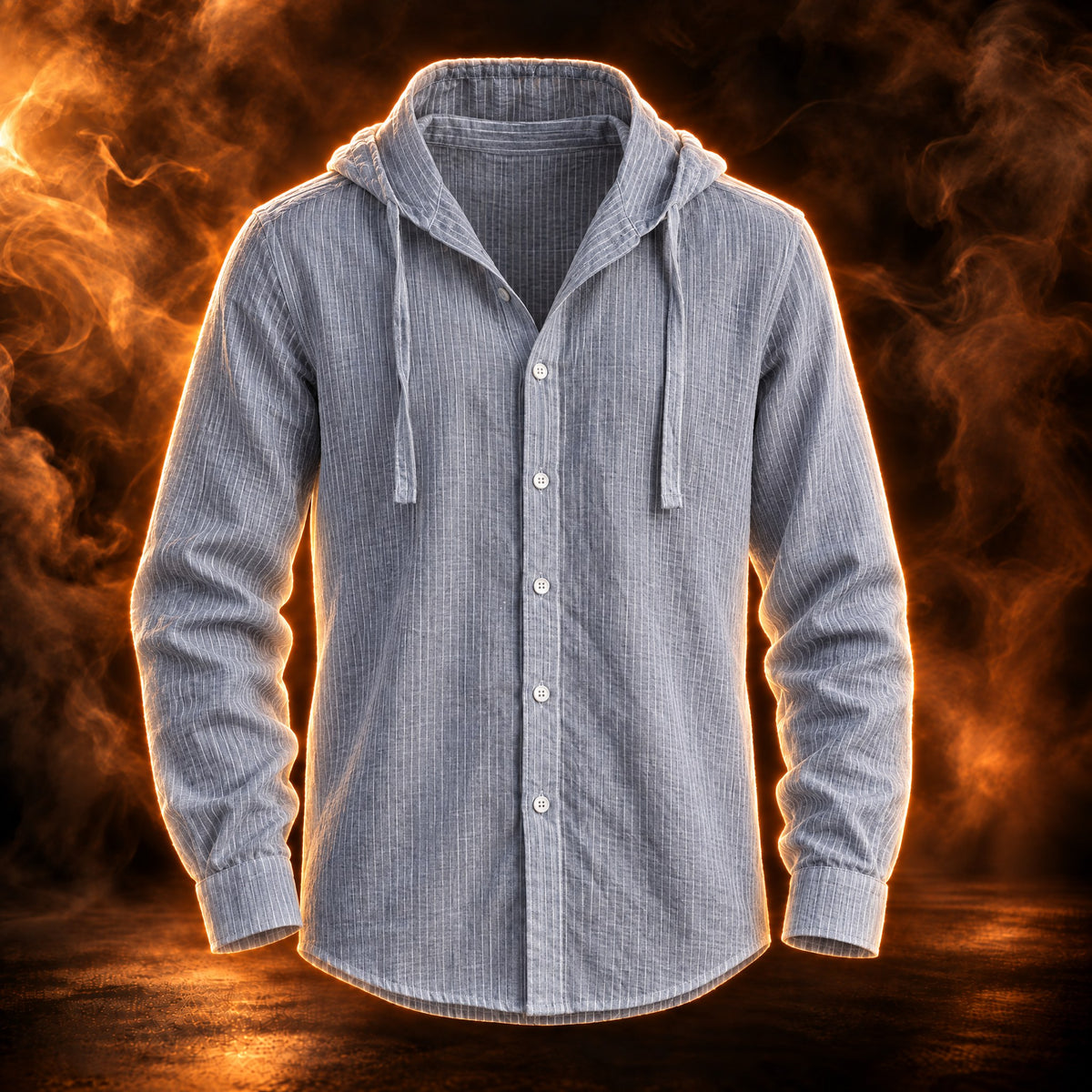 Marino hooded button up summer shirt jacket for men in gray pinstripe, front view