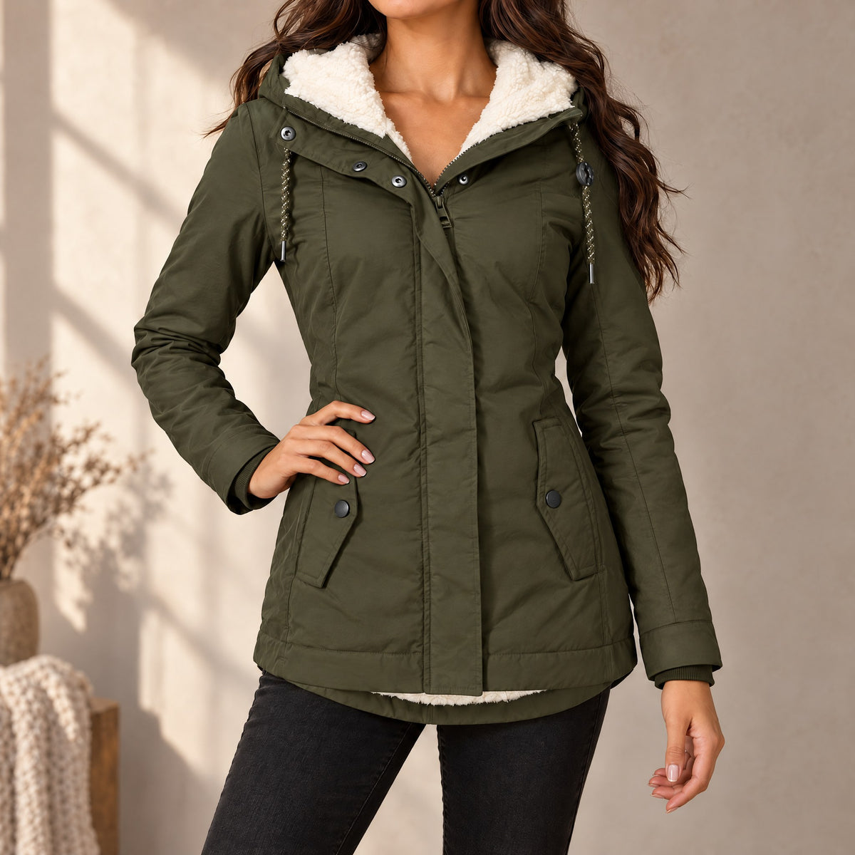 Ottavia plush lined hooded parka jacket in army green