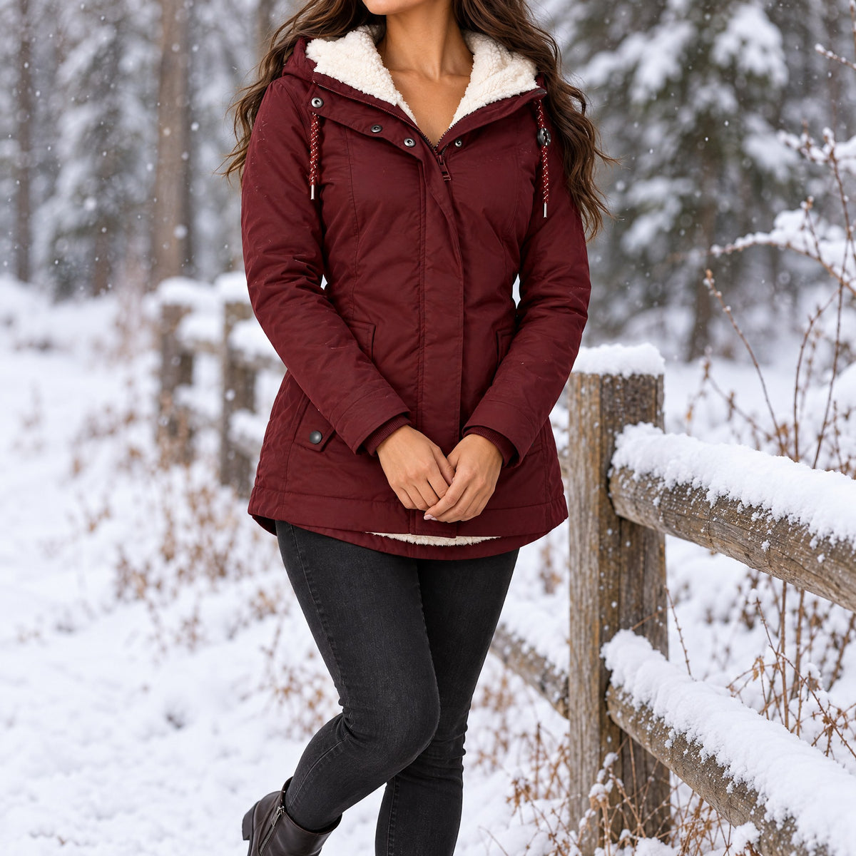 Woman by a snowy forest fence in the Ottavia parka